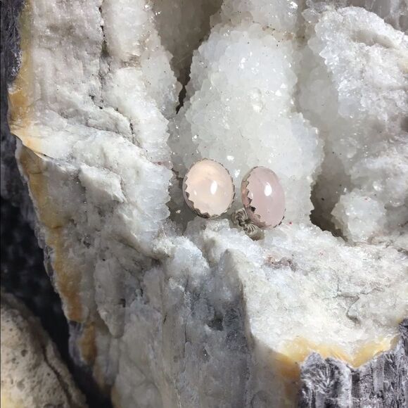 Earrings, NEW Pink Quartz Oval Earring Studs w Sterling Silver, Handmade, Artisa - Picture 3 of 6